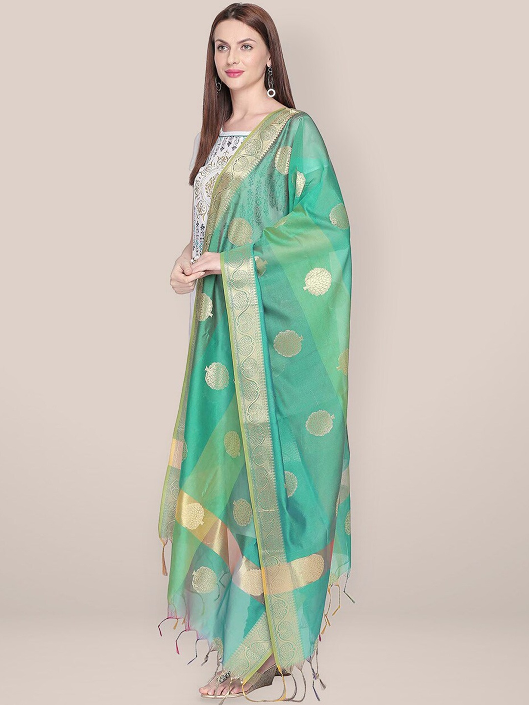 

Dupatta Bazaar Ethnic Motifs Woven Design Zari Dupatta, Green