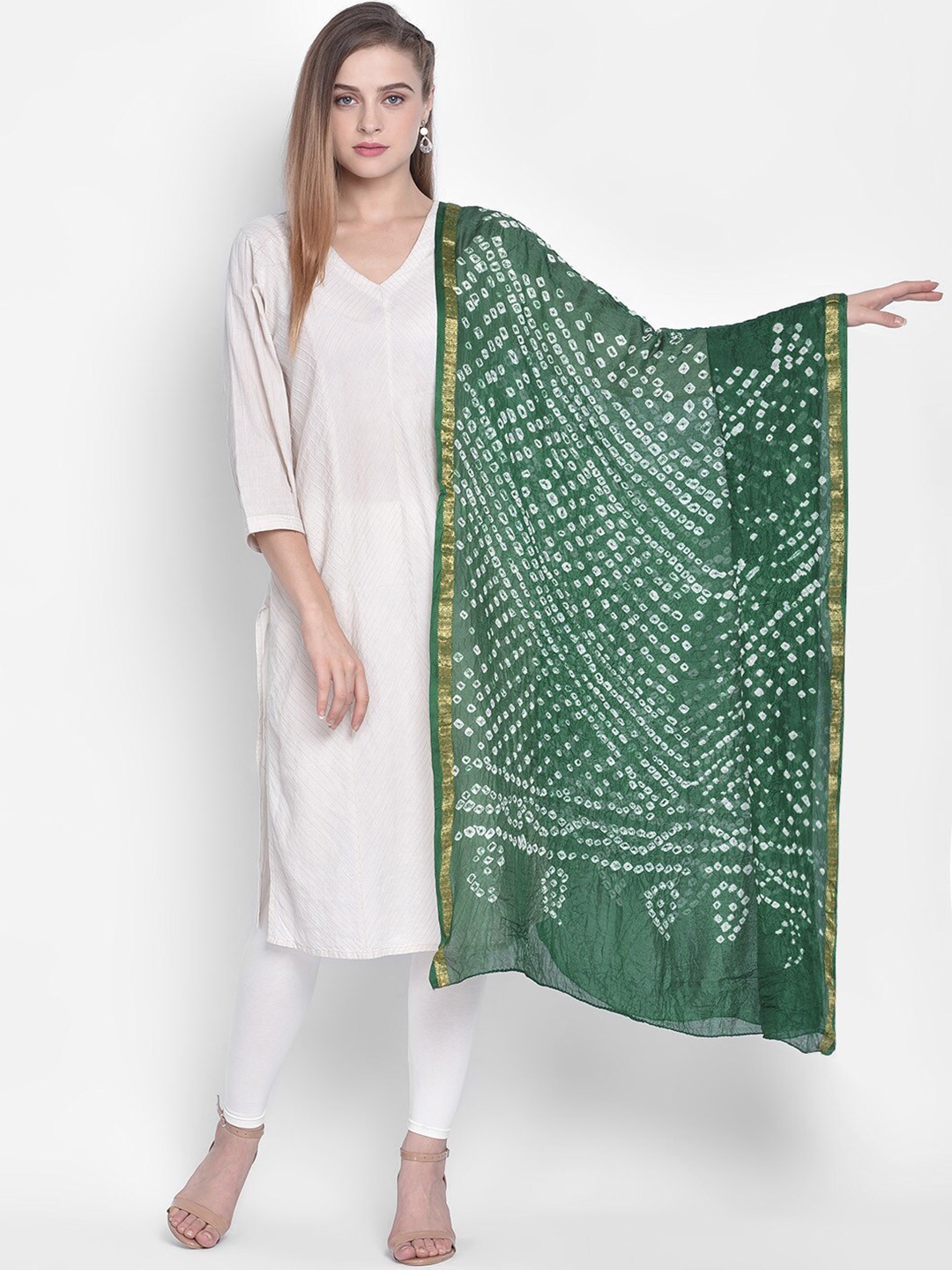 

Dupatta Bazaar Printed Bandhani Dupatta With Zari, Green