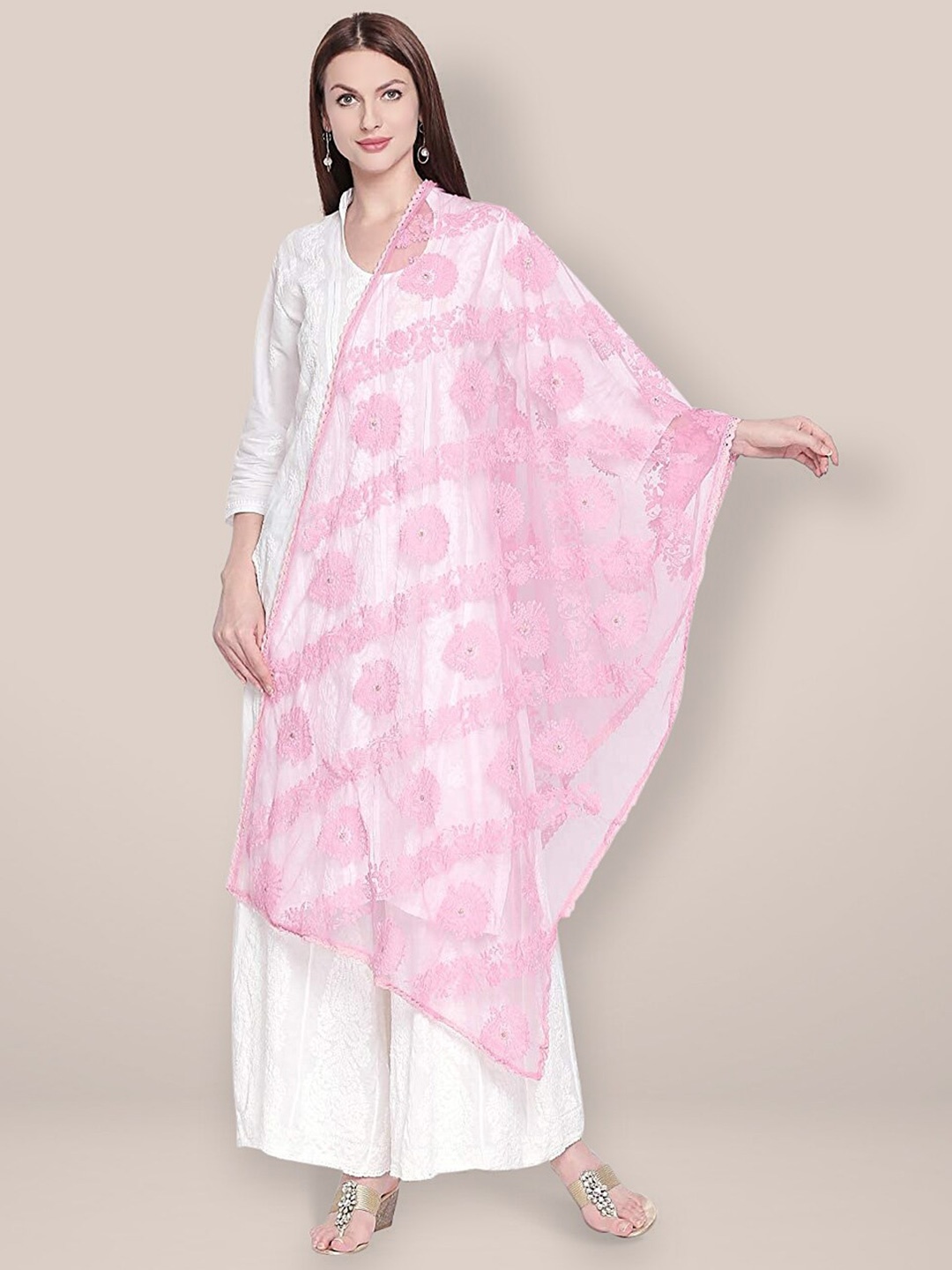 

Dupatta Bazaar Floral Embroidered Dupatta, Pink