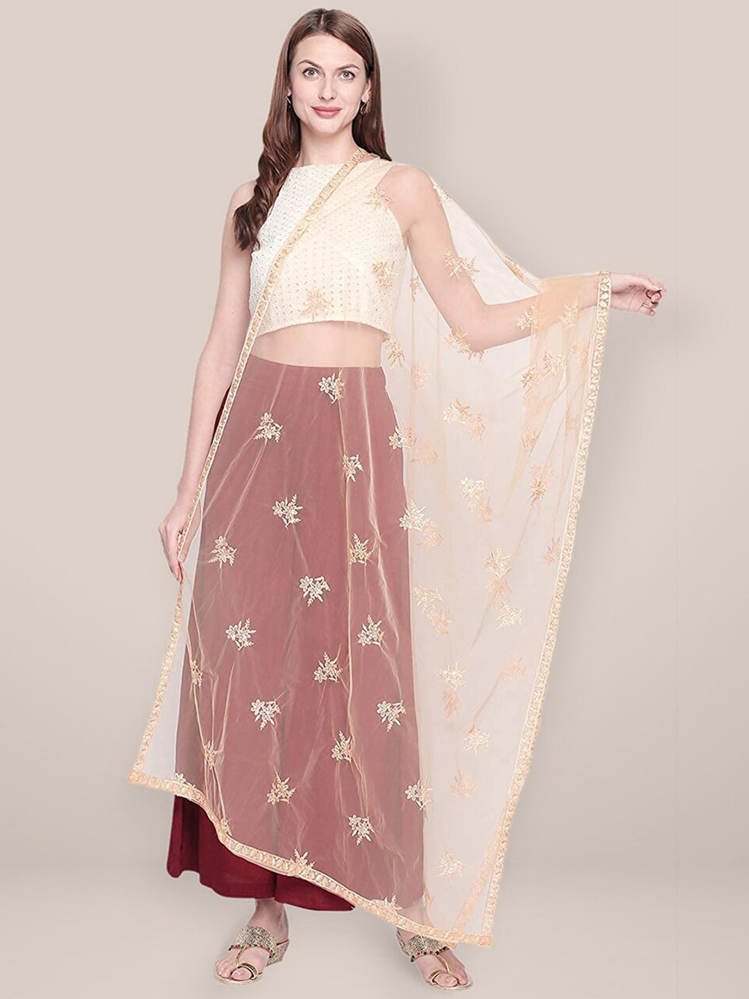 

Dupatta Bazaar Floral Embroidered Sequinned Dupatta, Beige