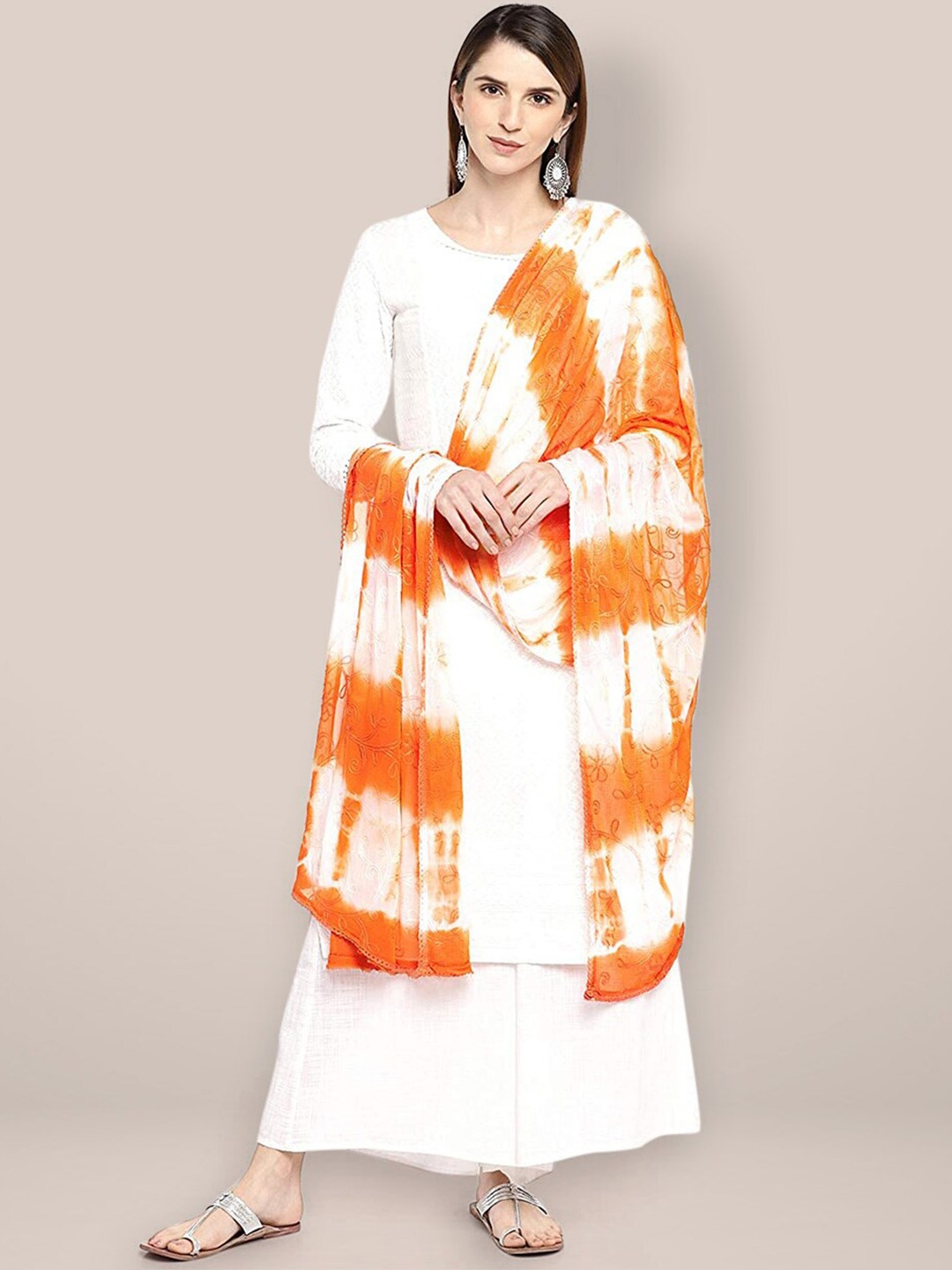 Dupatta Bazaar Ombre Dyed Shibori Chiffon Dupatta with Thread Work, Orange