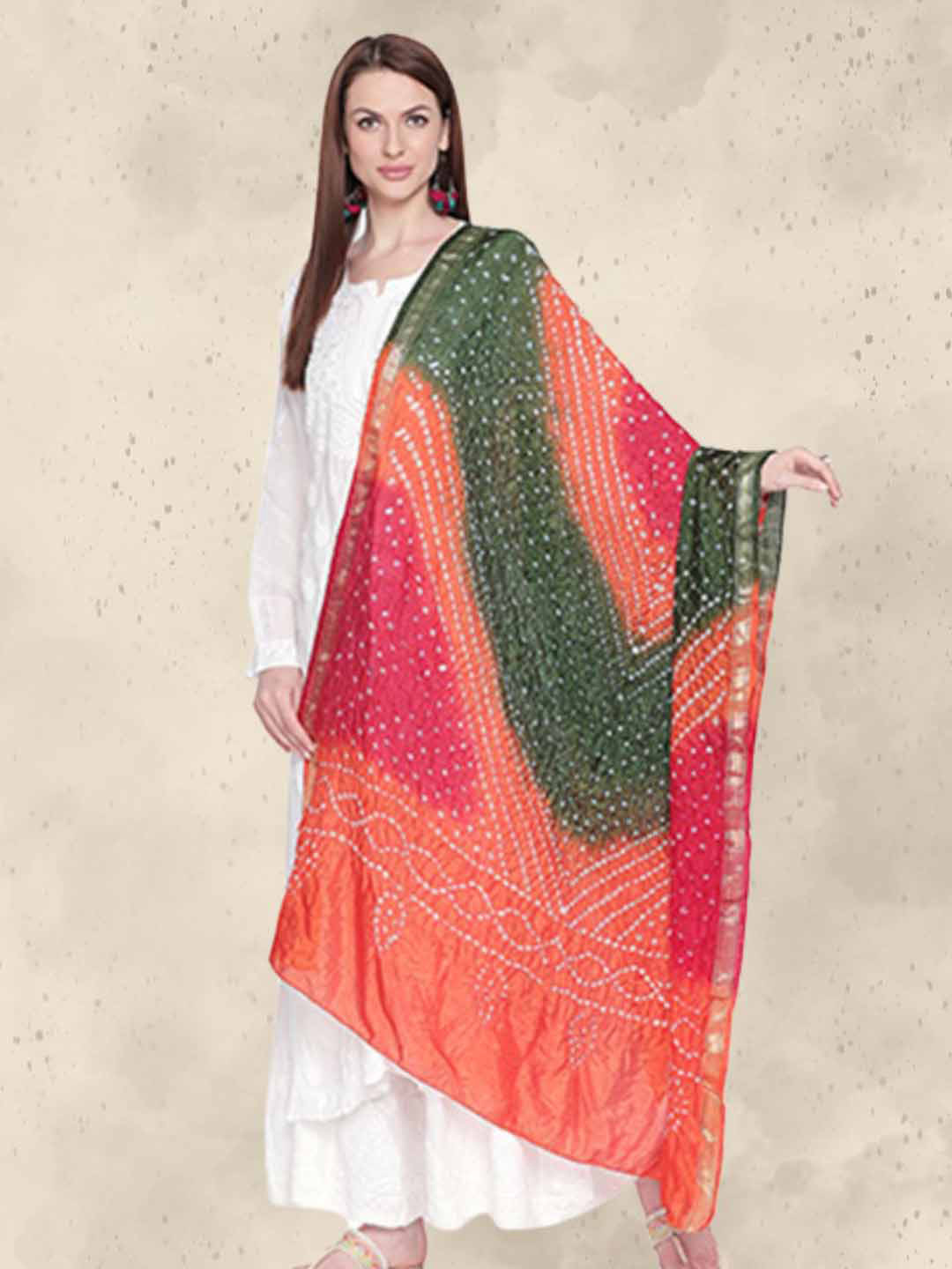 

Dupatta Bazaar Bandhani Printed Zari Detailed Dupatta, Green