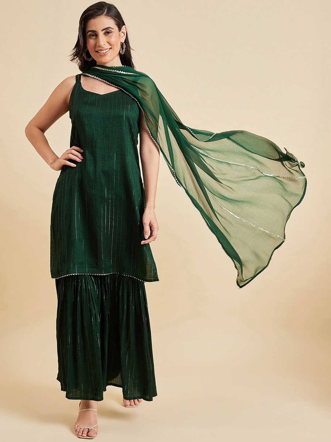 

Azira Striped Shoulder Straps A-Line Gotta Patti Kurta With Sharara & Dupatta, Green