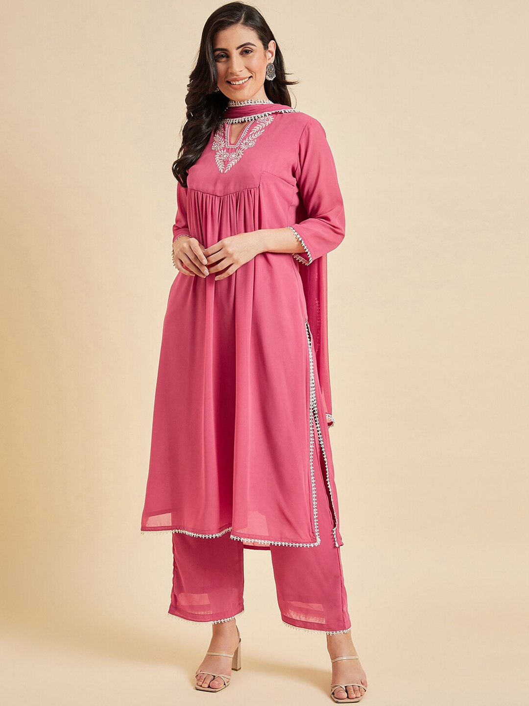 

Azira Ethnic Motifs Yoke Design Thread Work Straight Kurta & Trouser With Dupatta, Pink