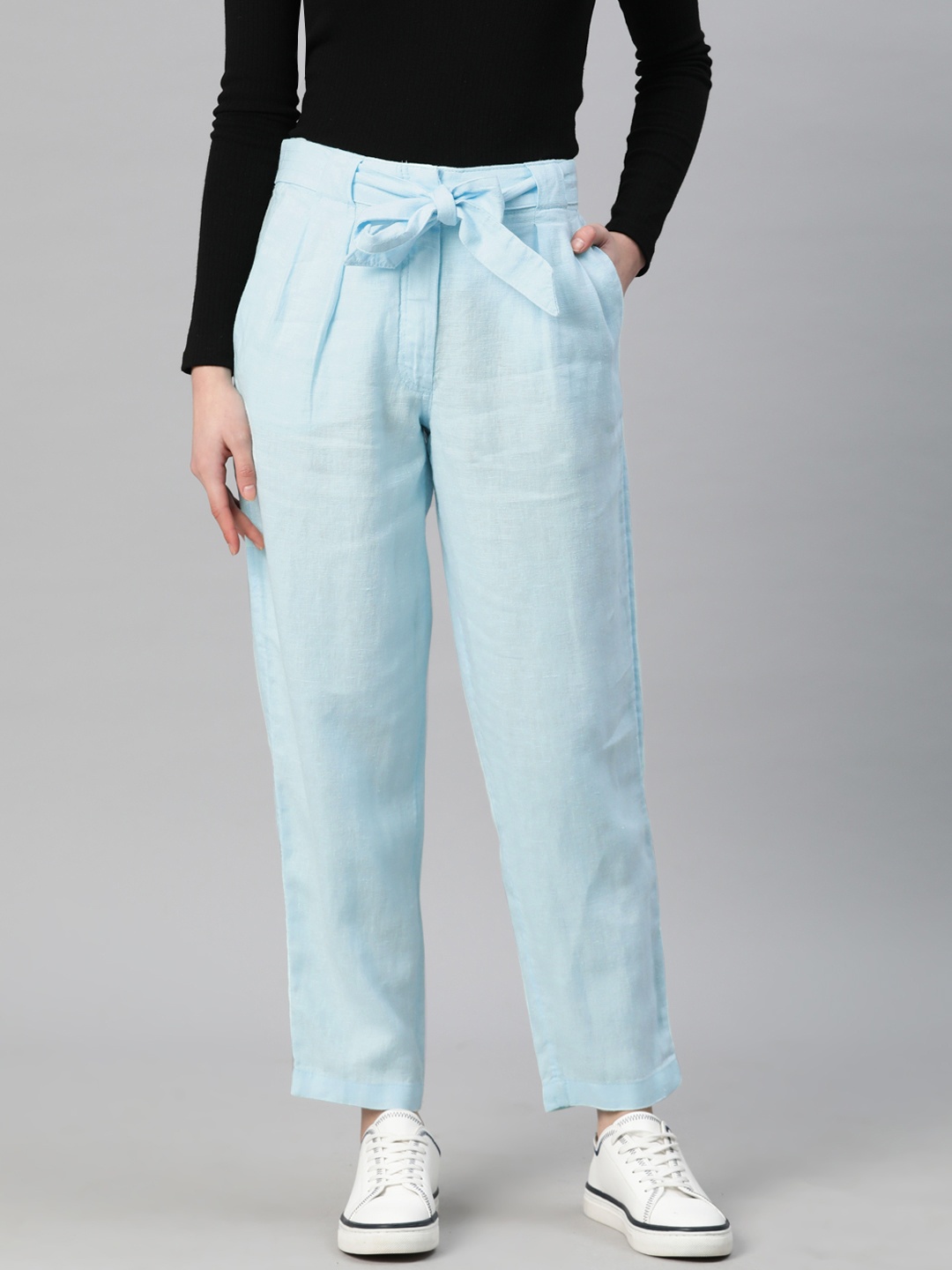 

Marks & Spencer Women Pure Linen High-Rise Trousers with Belt, Blue