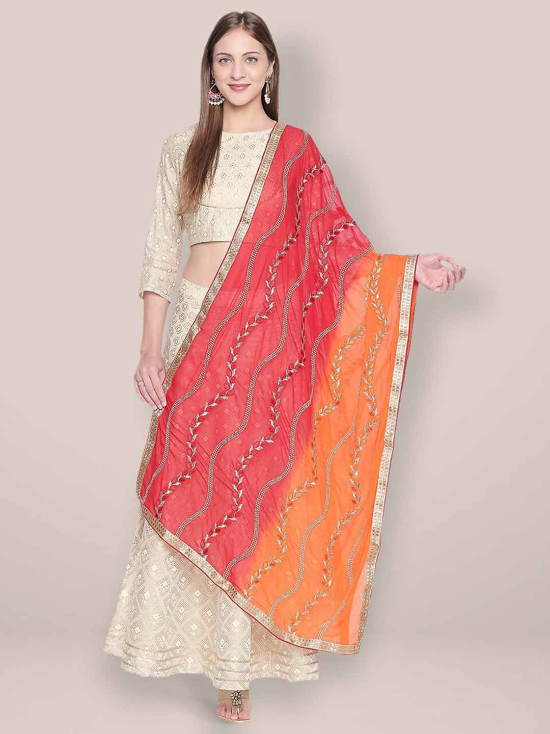 

Dupatta Bazaar Floral Embroidered Zari Dupatta, Red