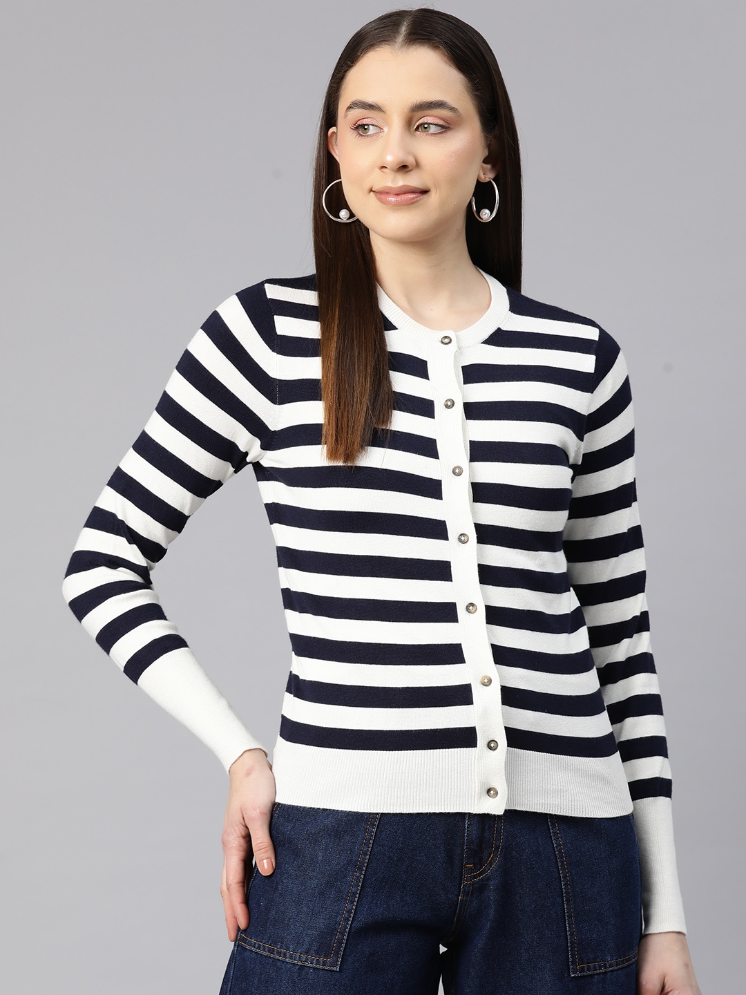 

Marks & Spencer Women Striped Cardigan, Navy blue