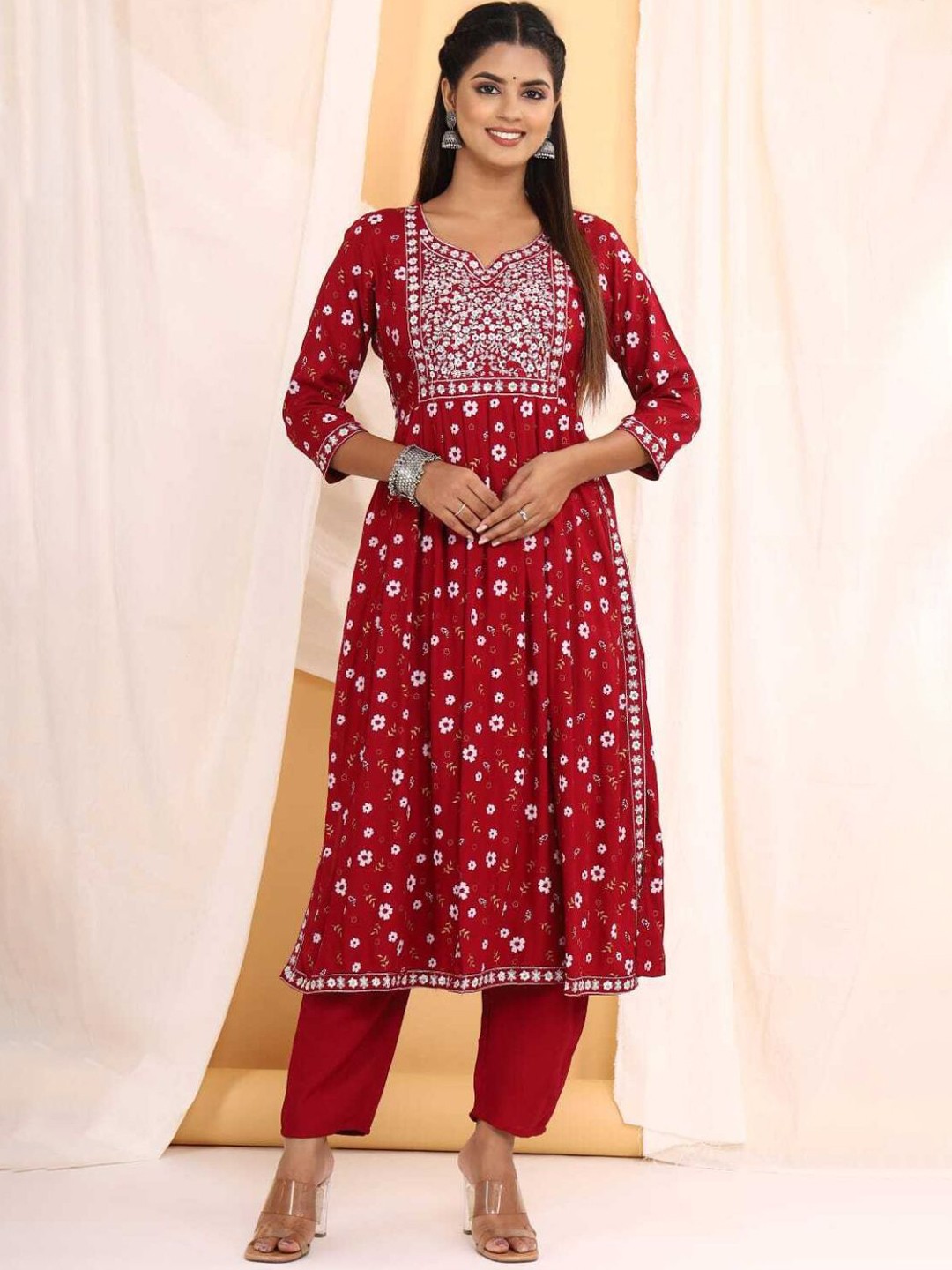

Karagwals fab Floral Printed Thread Work A-line Kurta With Trousers & Dupatta, Red