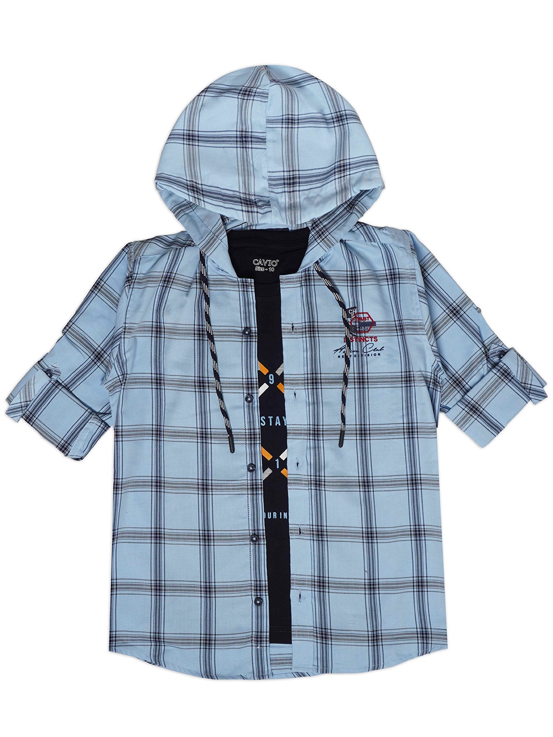 

CAVIO Boys Comfort Tartan Checks Hooded Pure Cotton Casual Shirt With T-Shirt, Blue