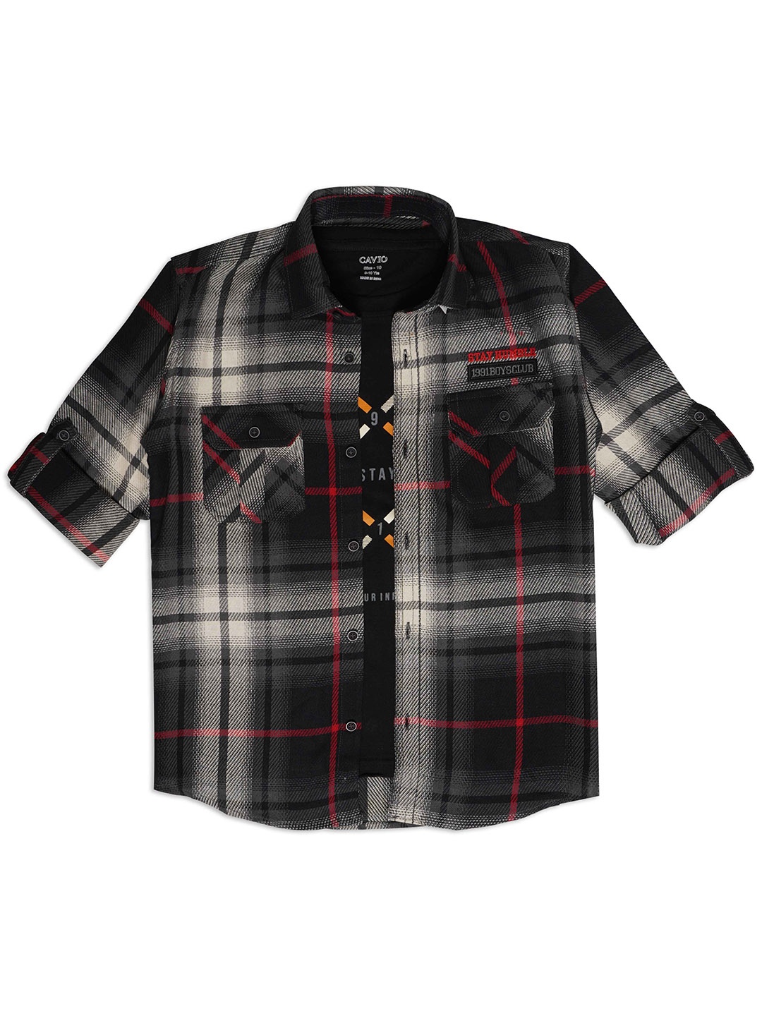 

CAVIO Boys Comfort Tartan Checks Pure Cotton Casual Shirt With T-Shirt, Grey