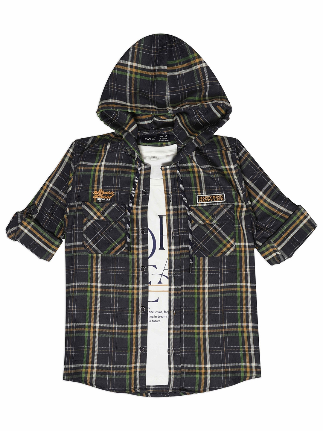 

CAVIO Boys Comfort Tartan Checks Hooded Pure Cotton Casual Shirt With T-Shirt, Green