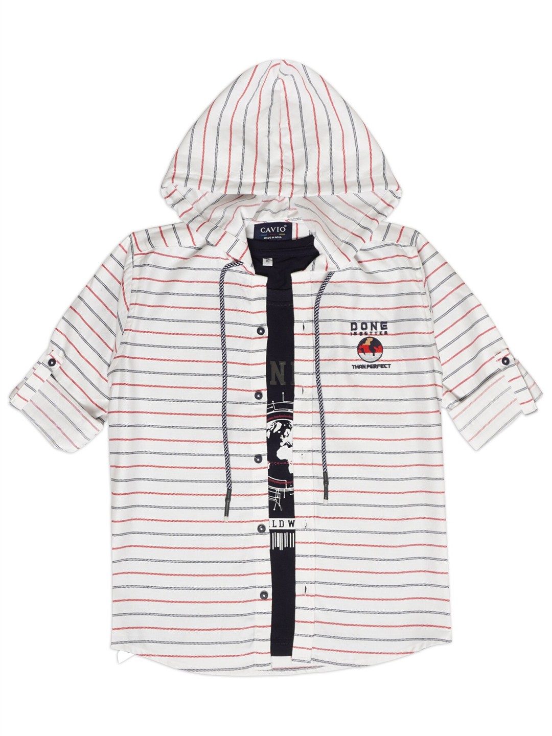 

CAVIO Boys Horizontal Striped Comfort Regular Fit Opaque Cotton Casual Shirt With T-Shirt, White