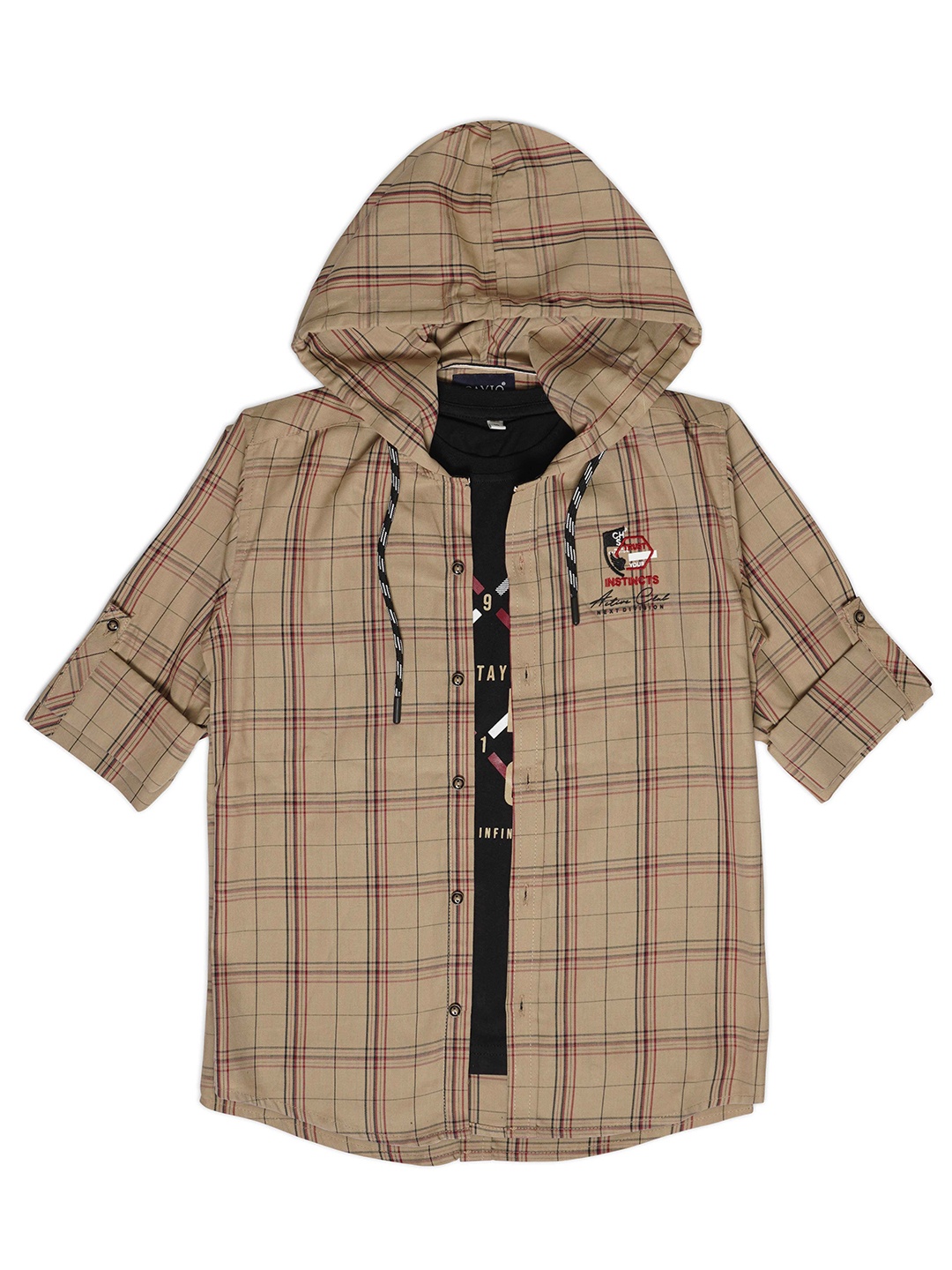 

CAVIO Boys Comfort Tartan Checks Hooded Cotton Casual Shirt With T-shirt, Khaki