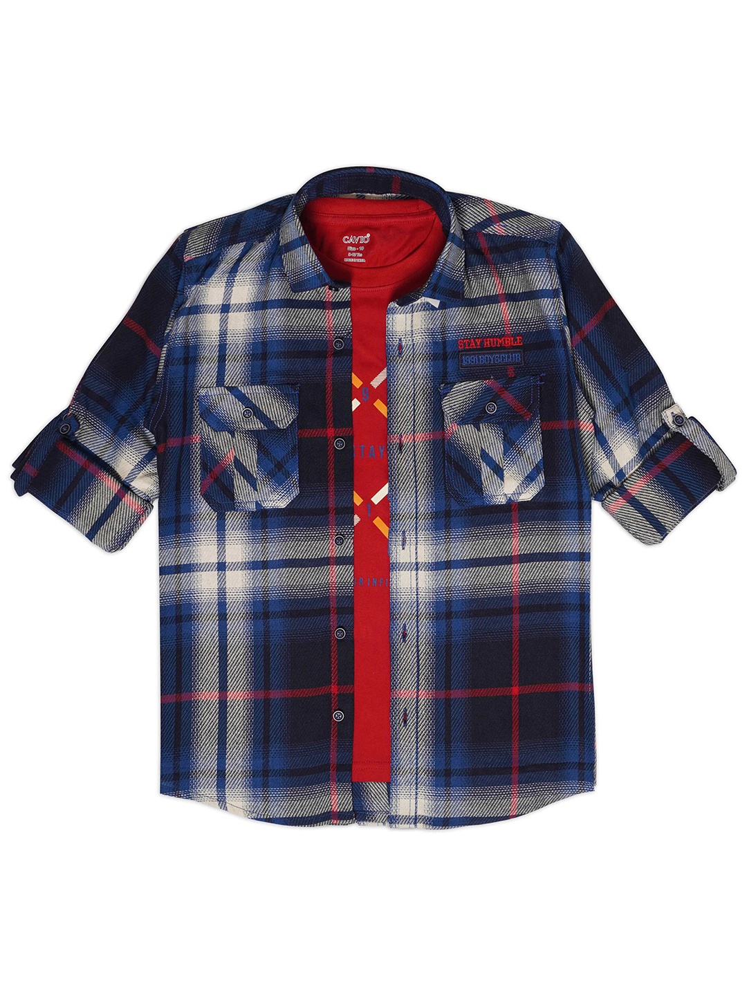 

CAVIO Boys Comfort Tartan Checked Pure Cotton Casual Shirt With T-Shirt, Blue