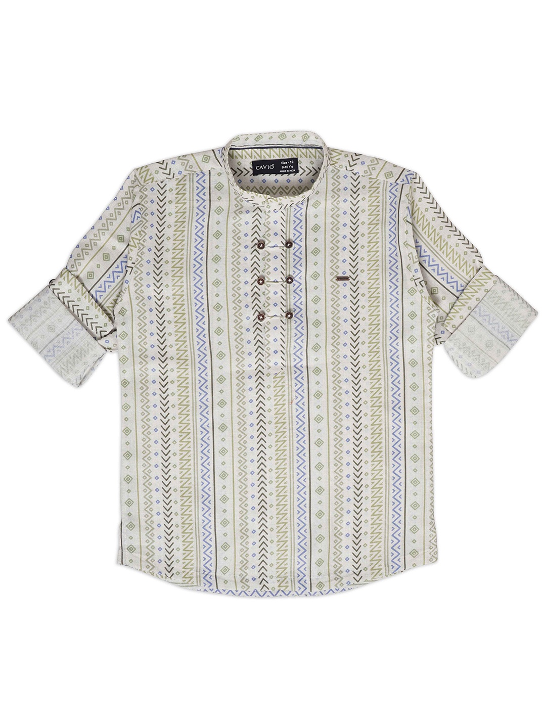 

CAVIO Boys Geometric Printed Mandarin Collar Pure Cotton Casual Shirt, Green
