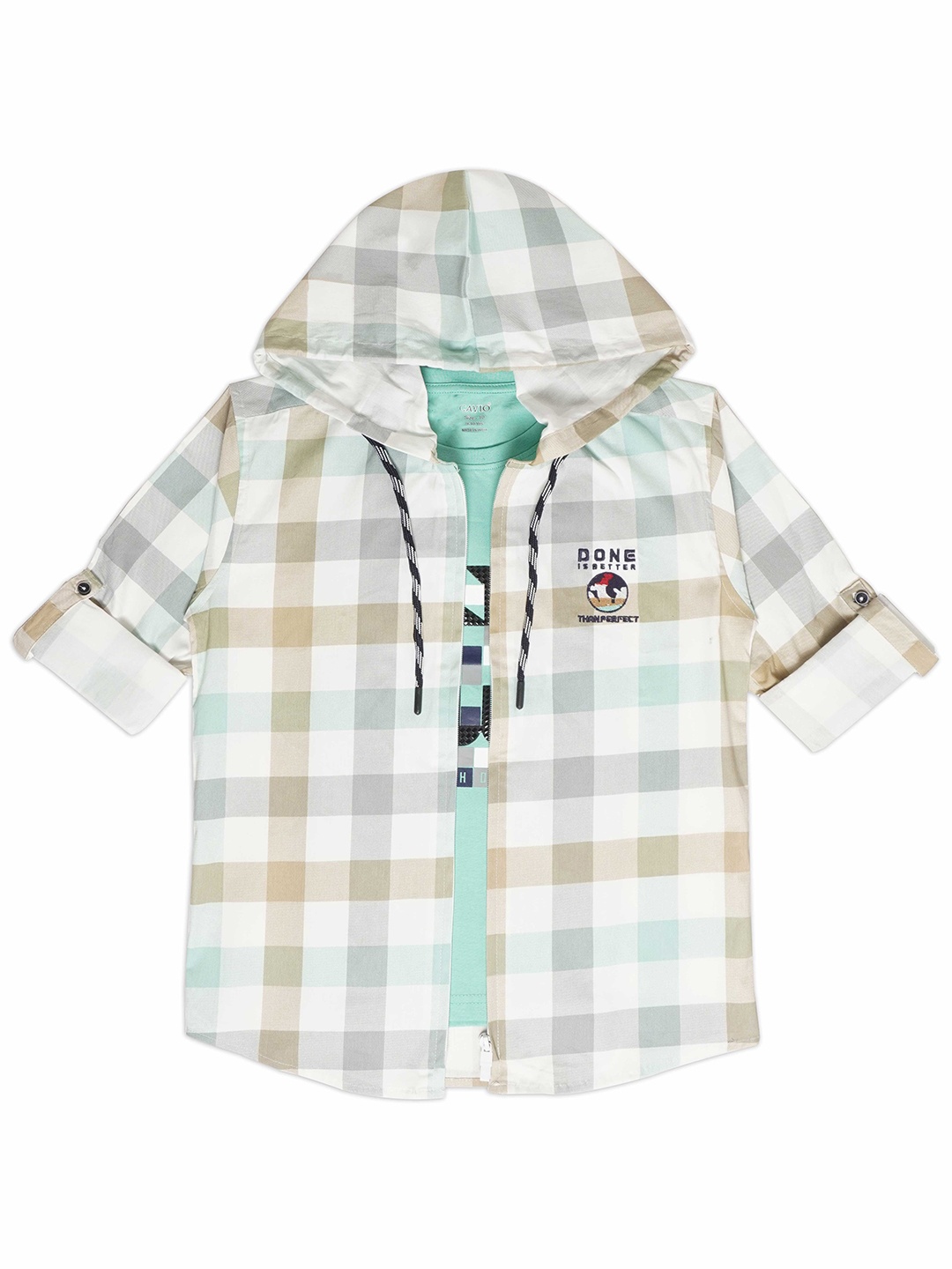 

CAVIO Boys Comfort Gingham Checks Hooded Pure Cotton Casual Shirt With T-Shirt, Sea green