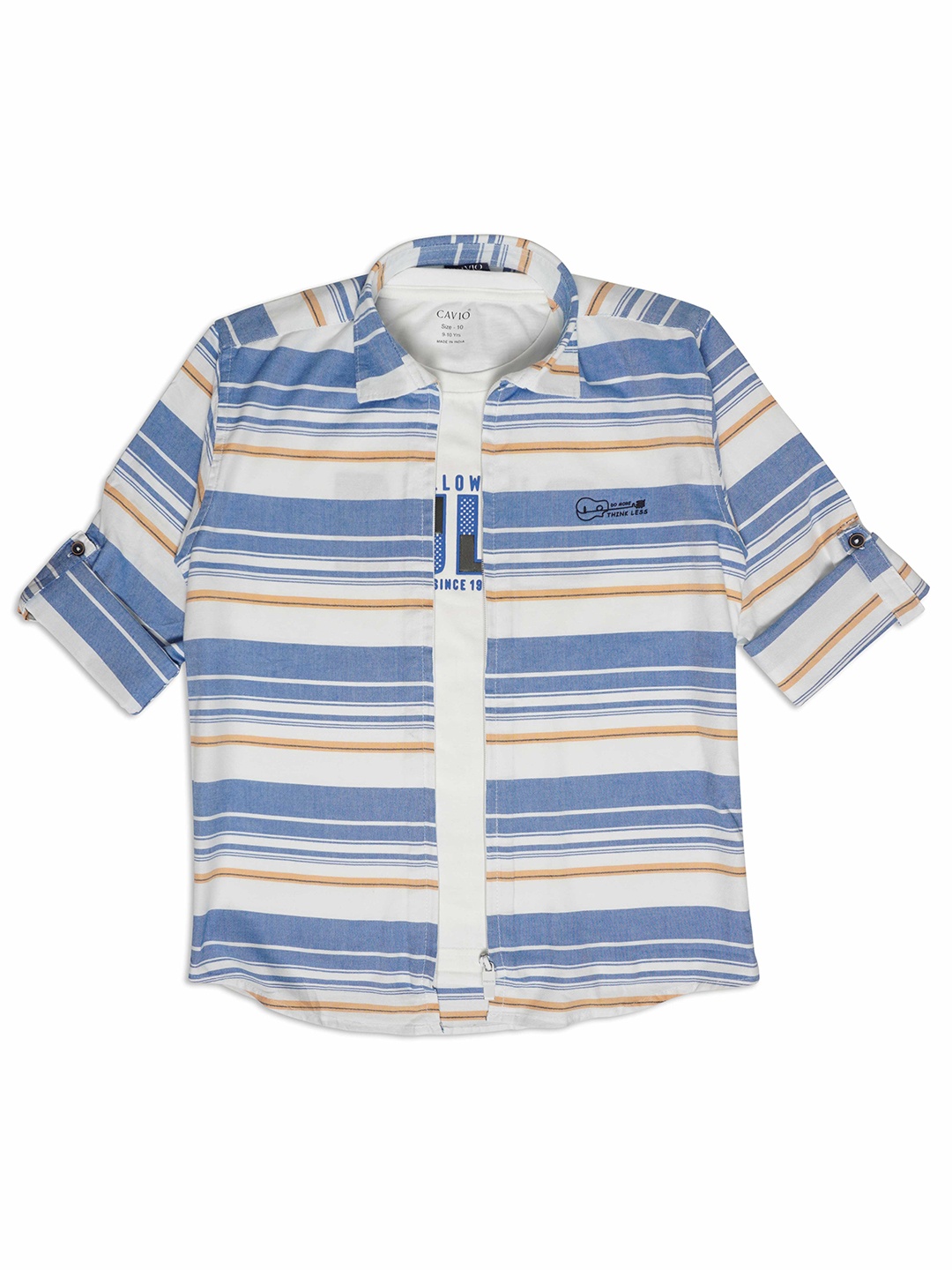 

CAVIO Boys Horizontal Striped Comfort Regular Fit Opaque Cotton Casual Shirt With T-Shirt, Blue