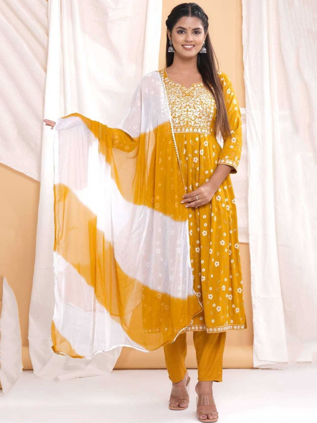 

Collection Rj23 Floral Printed Anarkali Kurta With Trousers & Dupatta, Mustard