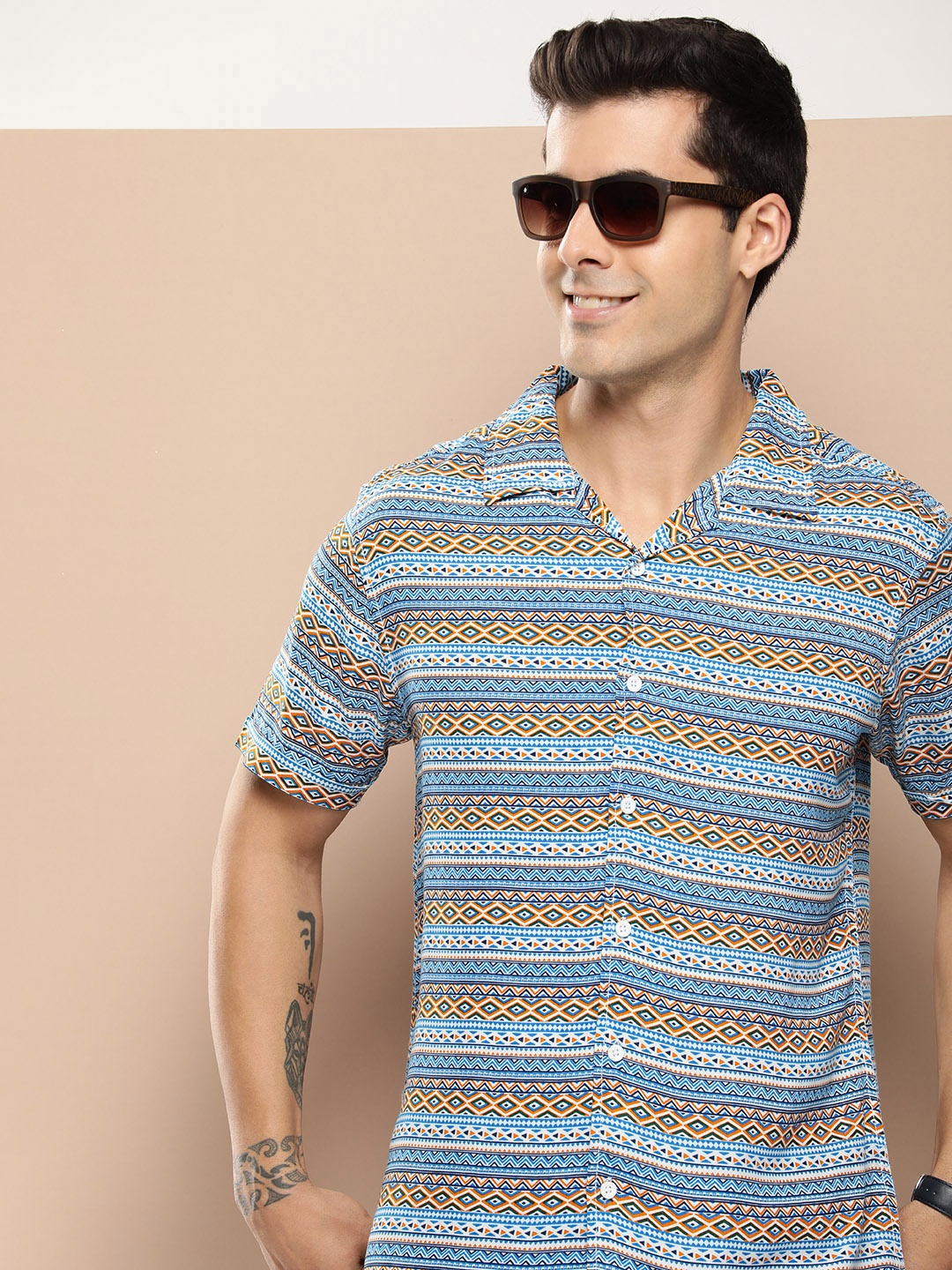 

HERE&NOW Men Slim Fit Opaque Printed Casual Shirt, Blue