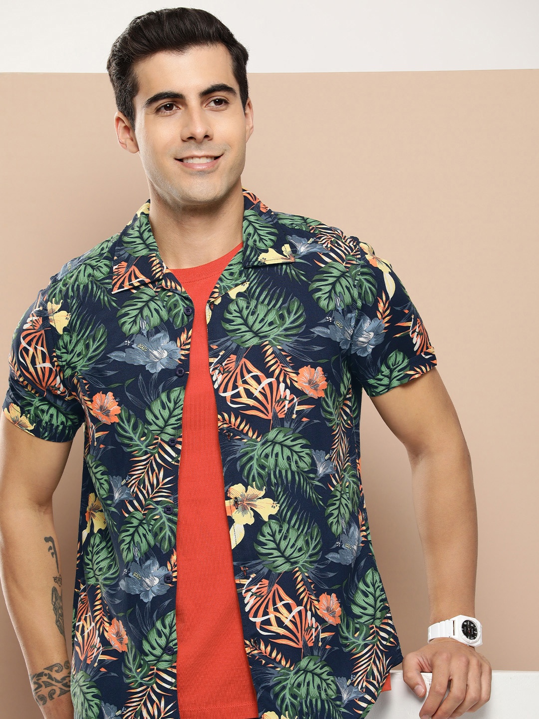 

HERE&NOW Men Slim Fit Floral Printed Casual Shirt, Navy blue