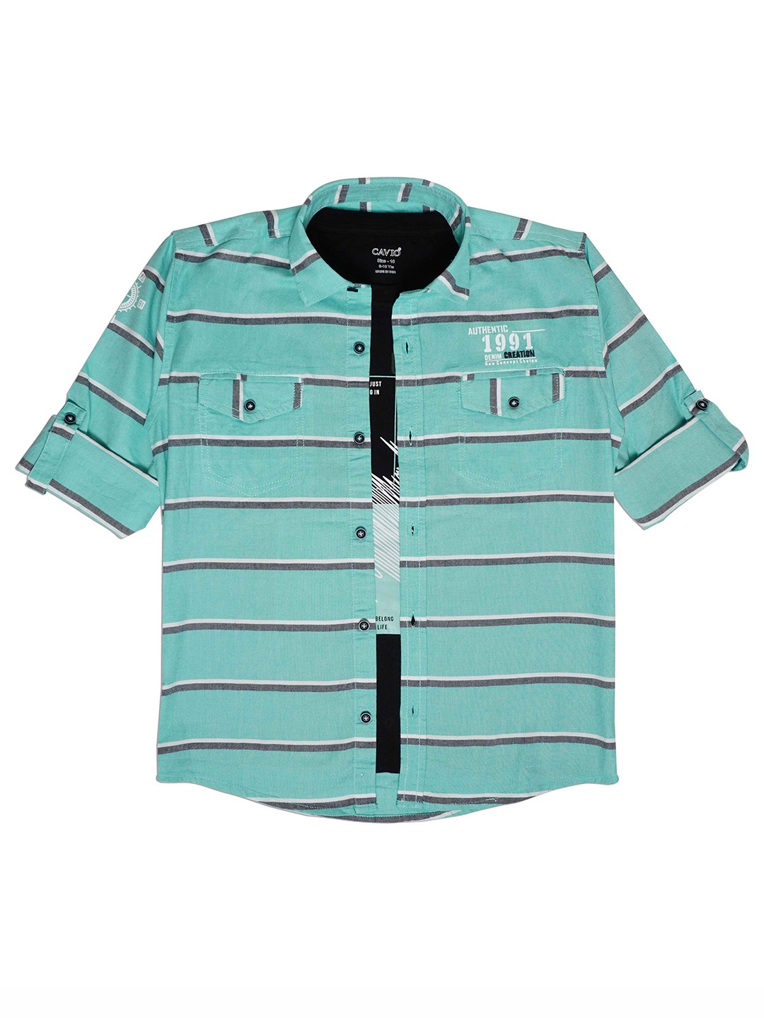 CAVIO Boys Comfort Fit Horizontal Striped Pure Cotton Casual Shirt With T-Shirt, Sea green