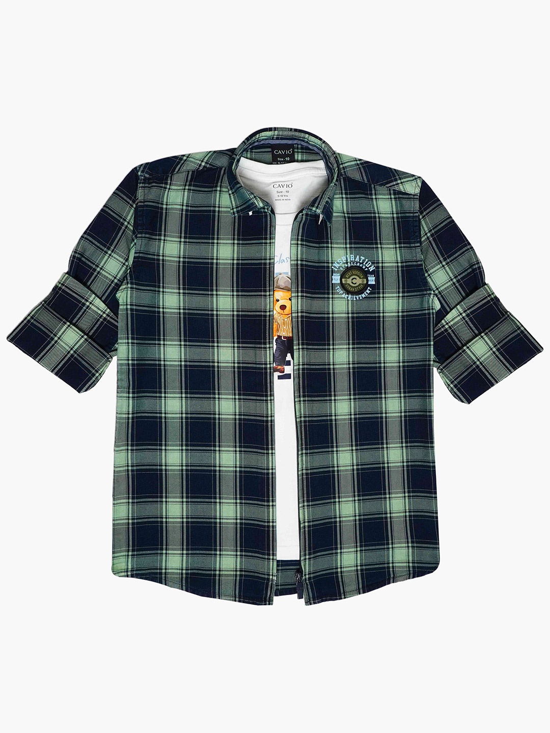 

CAVIO Boys Comfort Fit Tartan Checked Pure Cotton Casual Shirt With T-Shirt, Green