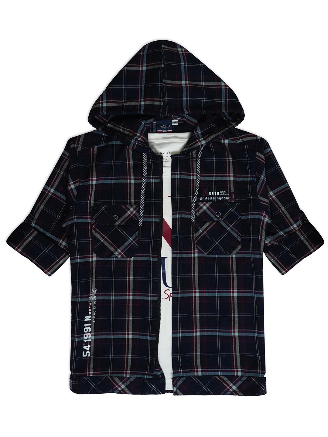 

CAVIO Boys Comfort Fit Tartan Checked Hooded Pure Cotton Casual Shirt With T-Shirt, Maroon