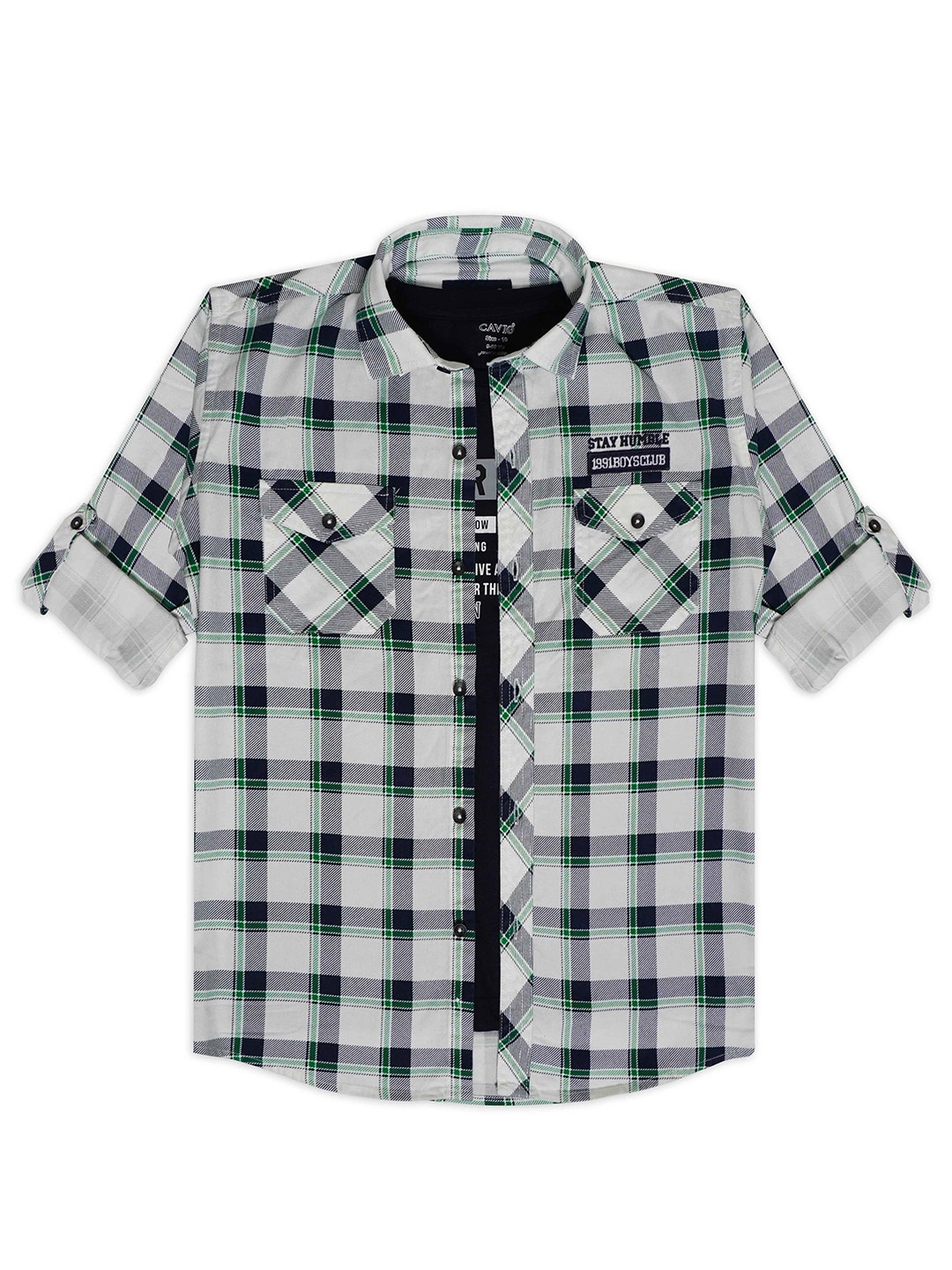 

CAVIO Boys Comfort Fit Buffalo Checked Roll-Up Sleeves Pure Cotton Shirt With T-Shirt, Green