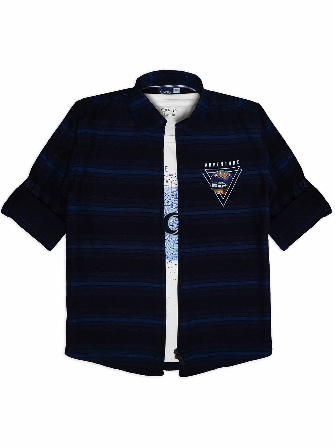 

CAVIO Boys Comfort Fit Horizontal Striped Pure Cotton Casual Shirt With T-Shirt, Navy blue