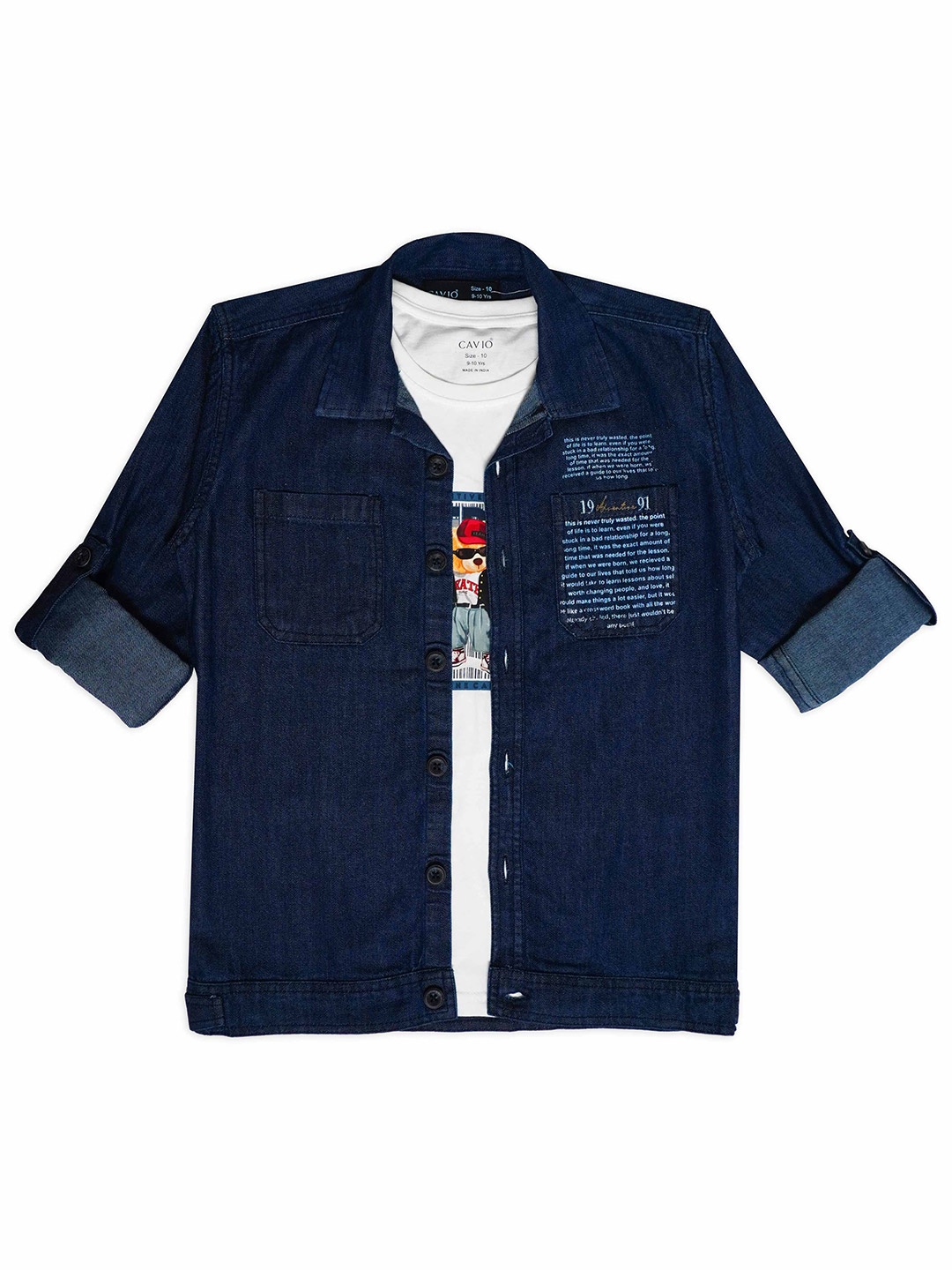 

CAVIO Boys Comfort Fit Pure Cotton Denim Casual Shirt With T-Shirt, Blue