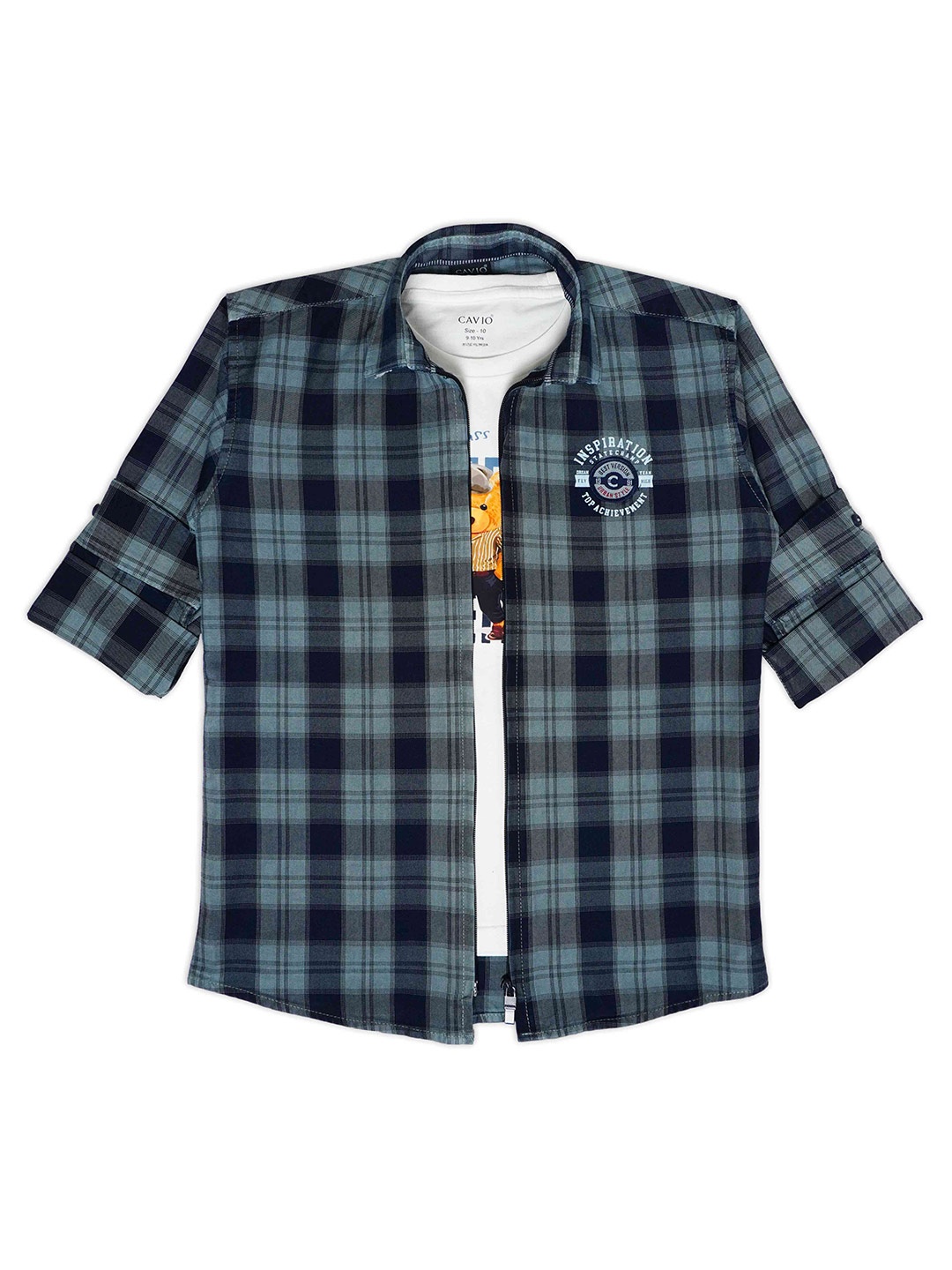 

CAVIO Boys Tartan Checked Comfort Regular Fit Opaque Cotton Casual Shirt With T-Shirt, Grey