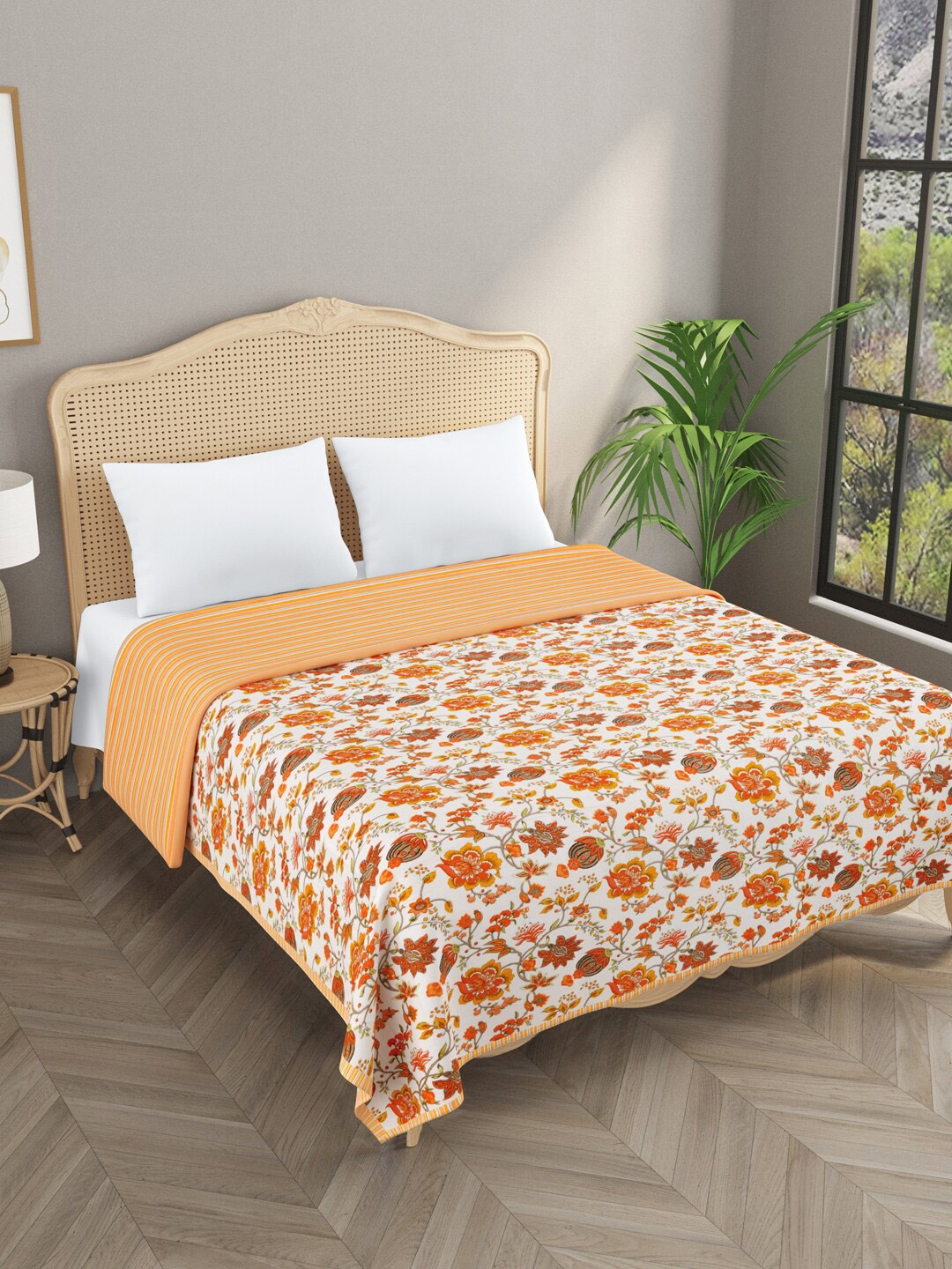 

Gulaab Jaipur Orange & Red Floral AC Room 550 GSM Double Bed Dohar