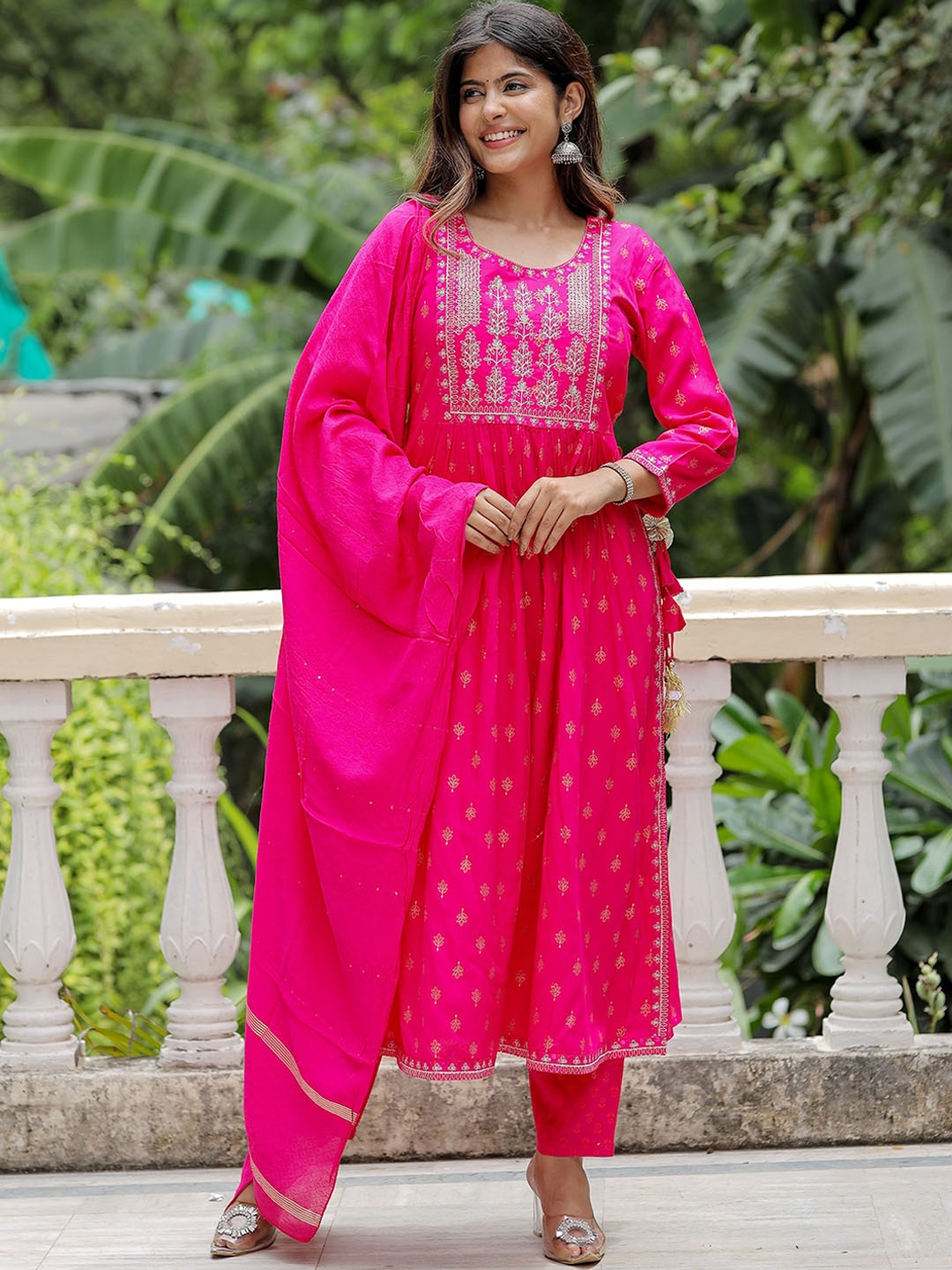 

KALINI Ethnic Motifs Yoke Design Thread Work Kurta With Trousers & Dupatta, Pink