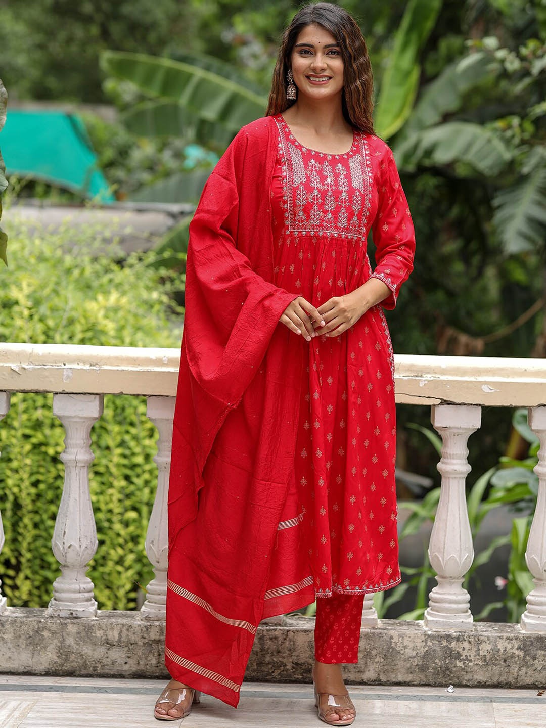 

KALINI Floral Printed A-Line Pleated Kurta With Trousers & Dupatta, Red