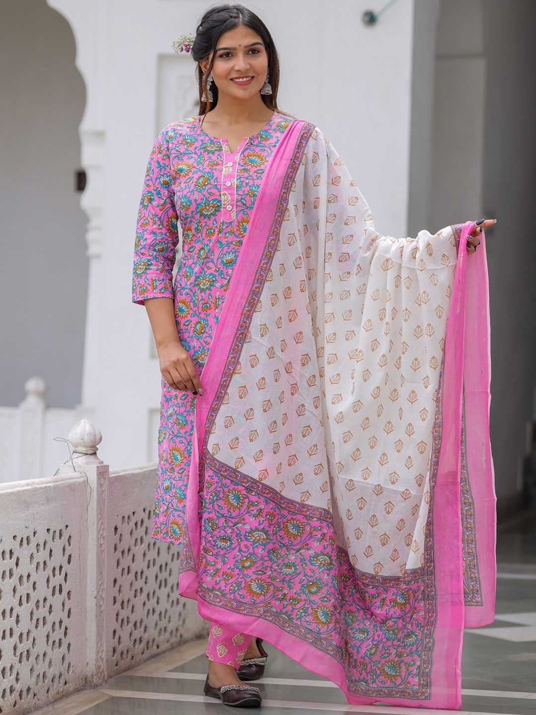 

KALINI Floral Printed Kurta With Trousers & Dupatta, Pink