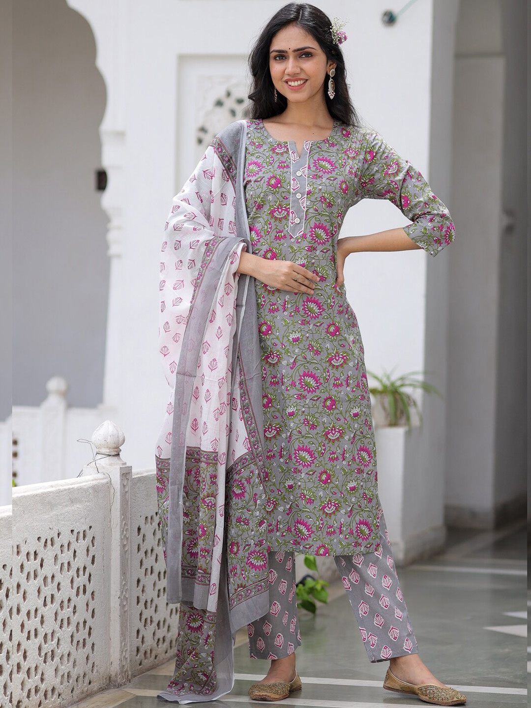 

KALINI Floral Printed Pure Cotton Kurta With Trousers & Dupatta, Grey