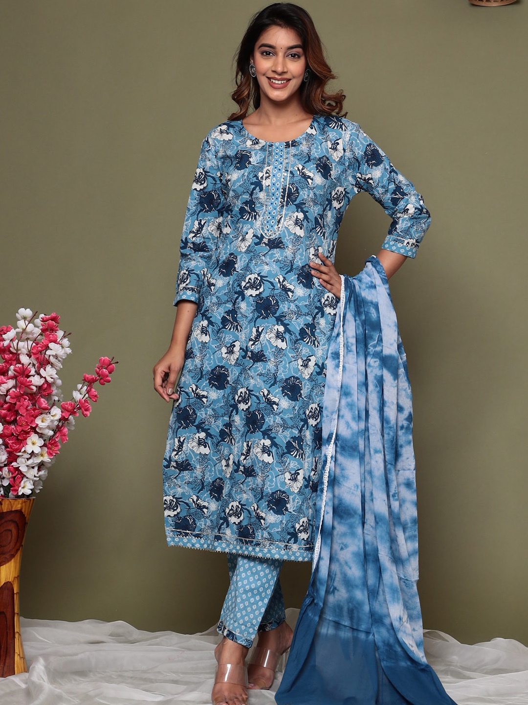 

KALINI Floral Printed Regular Gotta Patti Pure Cotton Kurta With Trousers & Dupatta, Blue
