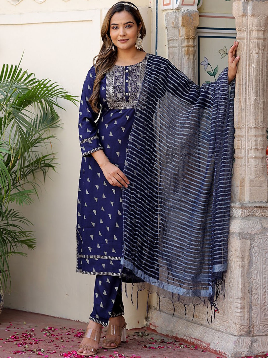 

KALINI Geometric Embroidered Thread Work Kurta With Trousers & Dupatta, Navy blue