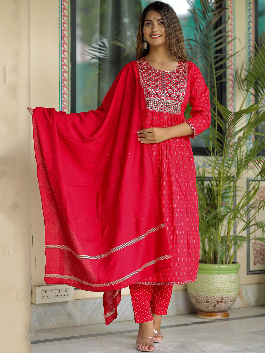 

KALINI Floral Embroidered Round Neck Regular Sequinned Kurta With Trousers & Dupatta, Red