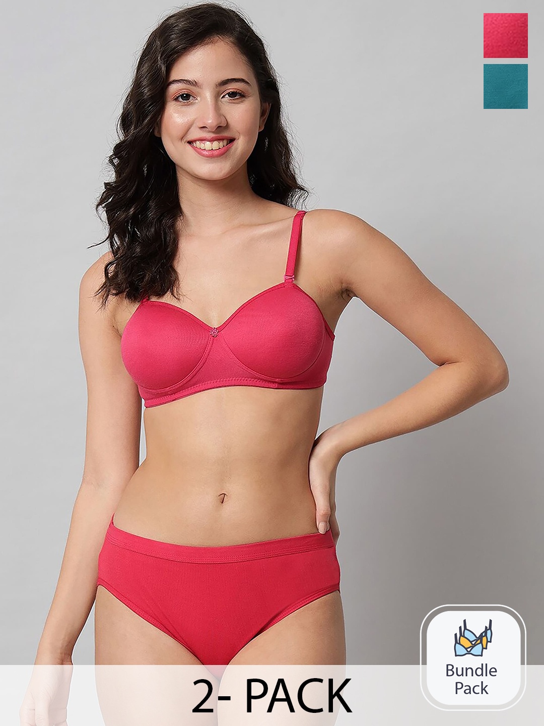 

AROUSY Pack Of 2 Cotton Mid-Rise Briefs & Lightly Padded Bra, Green