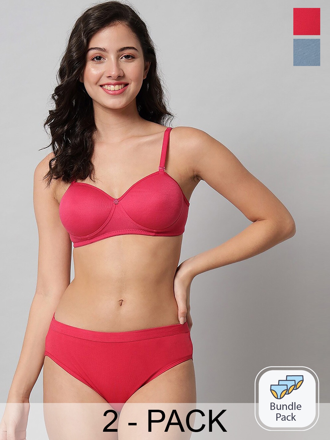

AROUSY Pack Of 2 Cotton Mid-Rise Briefs & Lightly Padded Bra, Blue