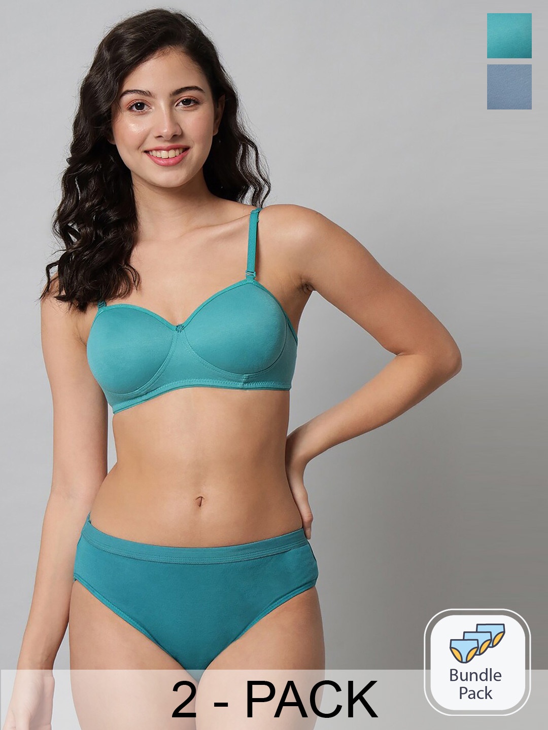 

AROUSY Pack Of 2 Cotton Cotton Mid-Rise Briefs & Lightly Padded Bra, Blue