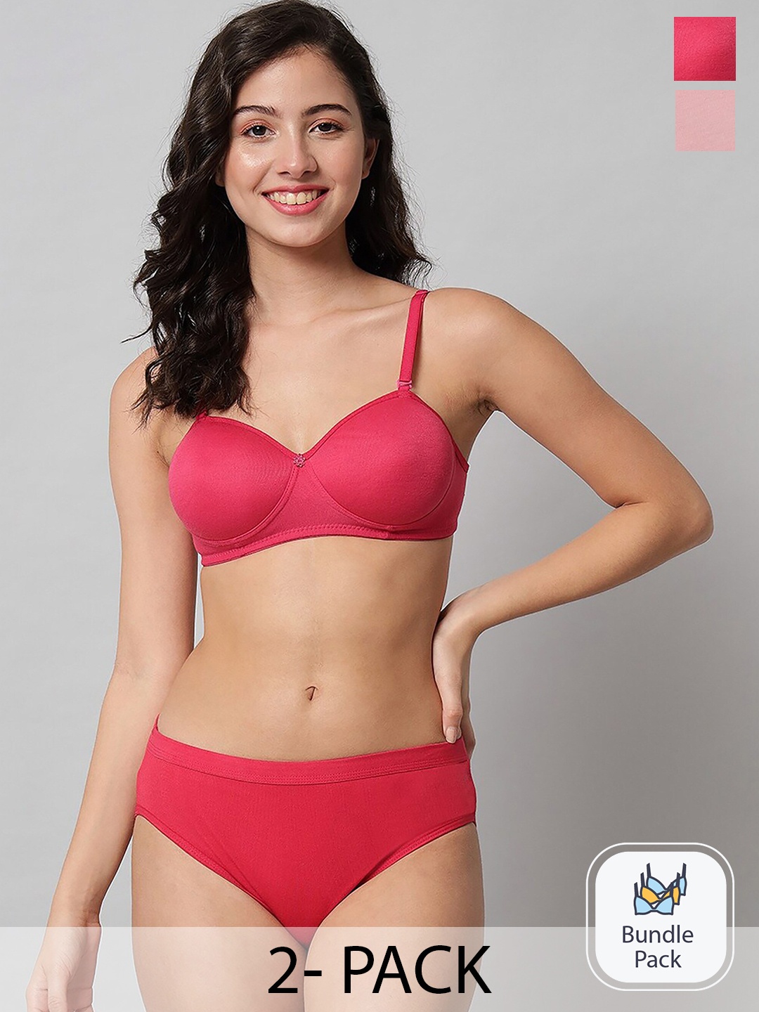 

AROUSY Pack Of 2 Cotton Mid-Rise Briefs & Lightly Padded Bra, Pink