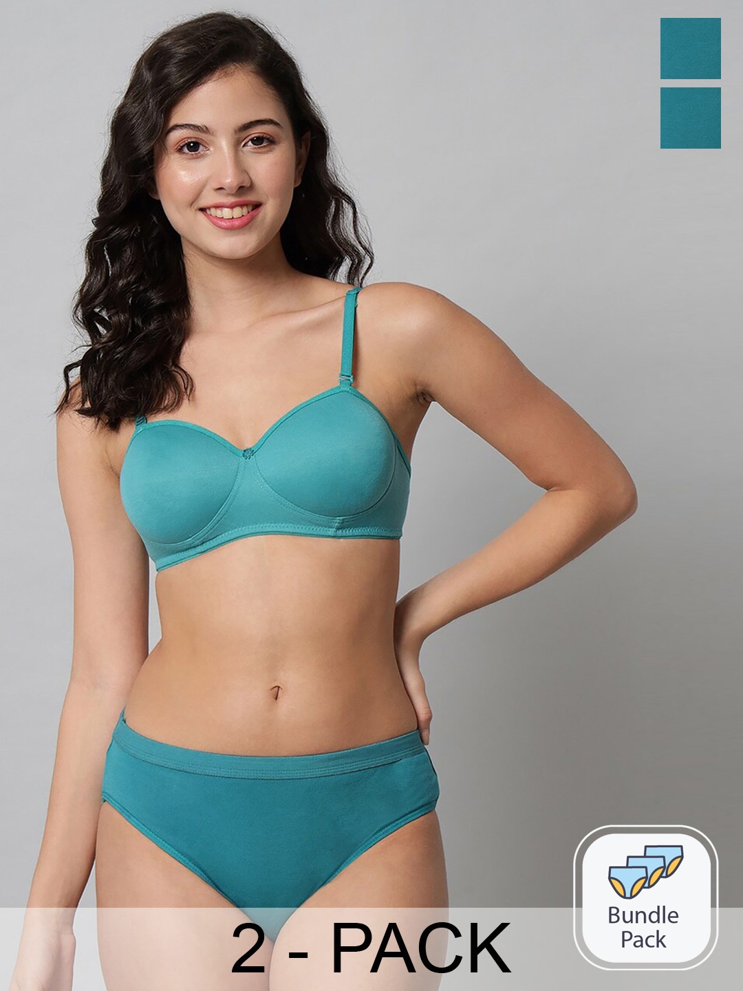 

AROUSY Pack Of 2 Cotton Mid-Rise Briefs & Lightly Padded Bra, Green