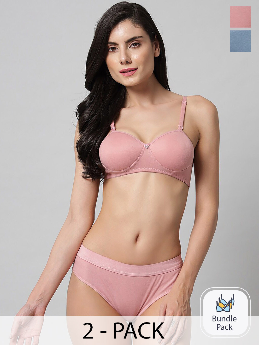 

Aamarsh Pack Of 2 Cotton Mid-Rise Briefs & Lightly Padded Bra, Blue