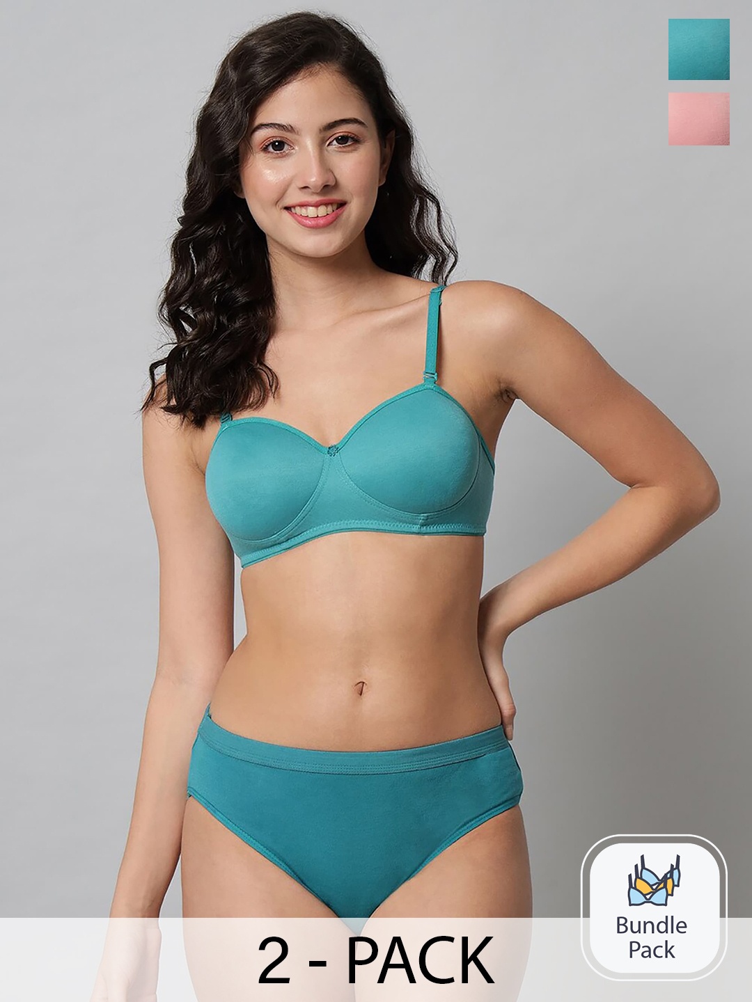 Aamarsh Pack Of 2 Cotton Mid-Rise Briefs & Lightly Padded Bra, Green