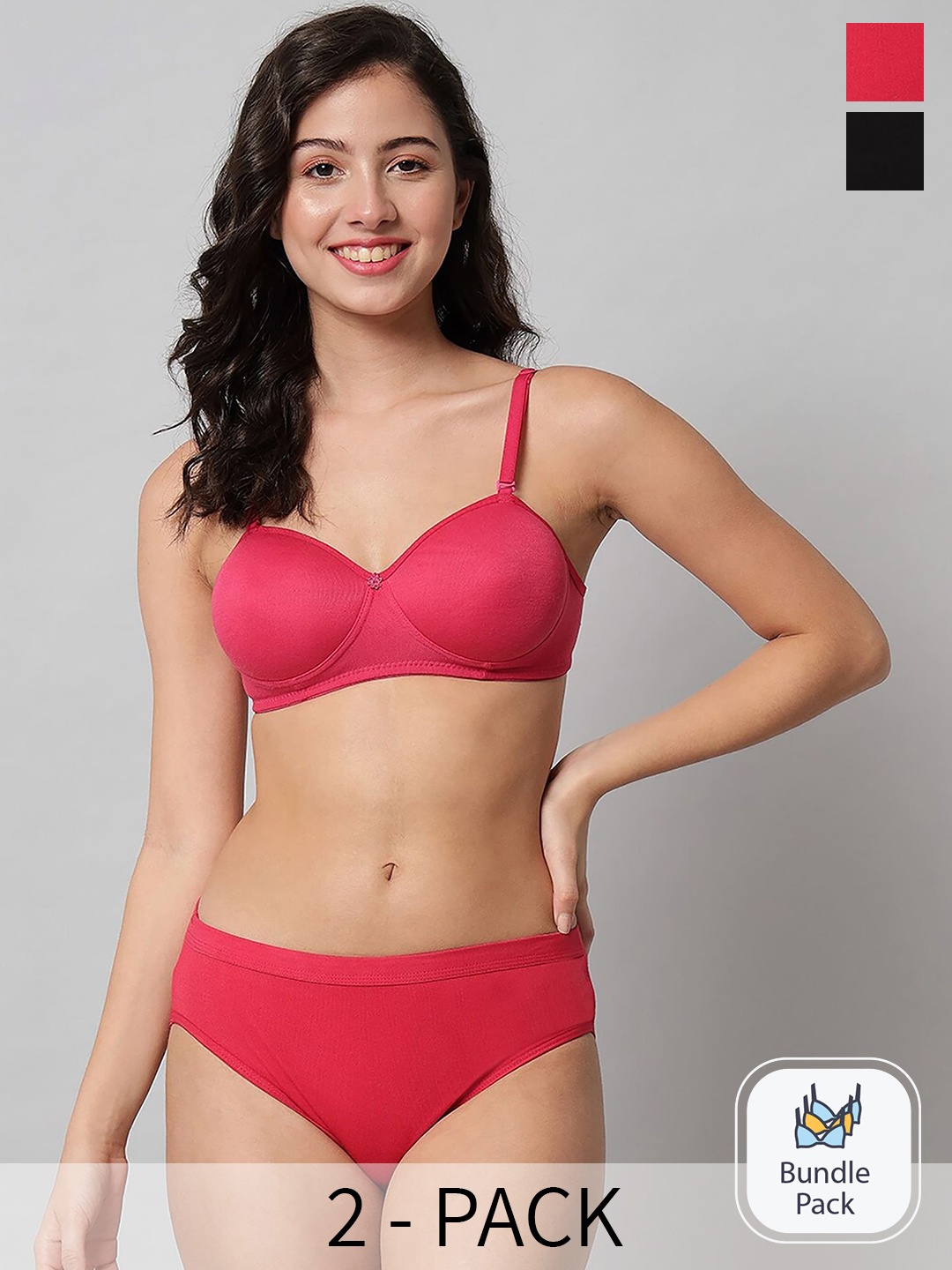 PIBU Pack Of 2 Non-Wired Cotton Lingerie Set, Red