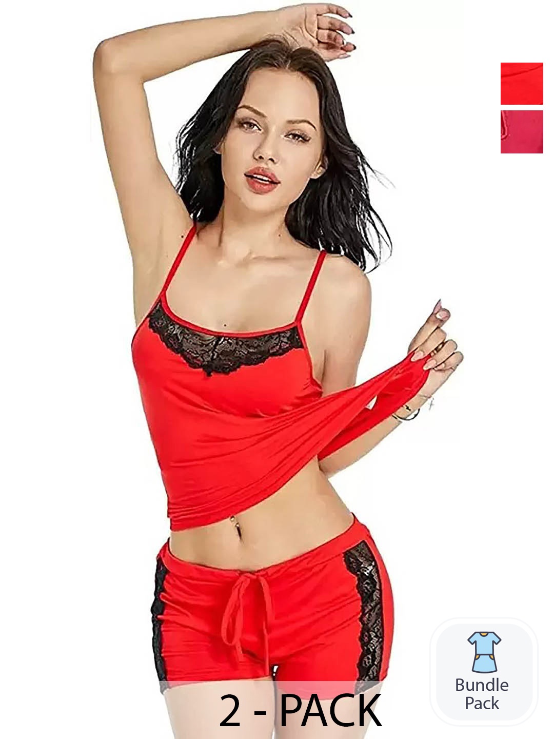 

AROUSY Pack Of 2 Shoulder Straps Sleeveless Lace Top & Shorts, Red