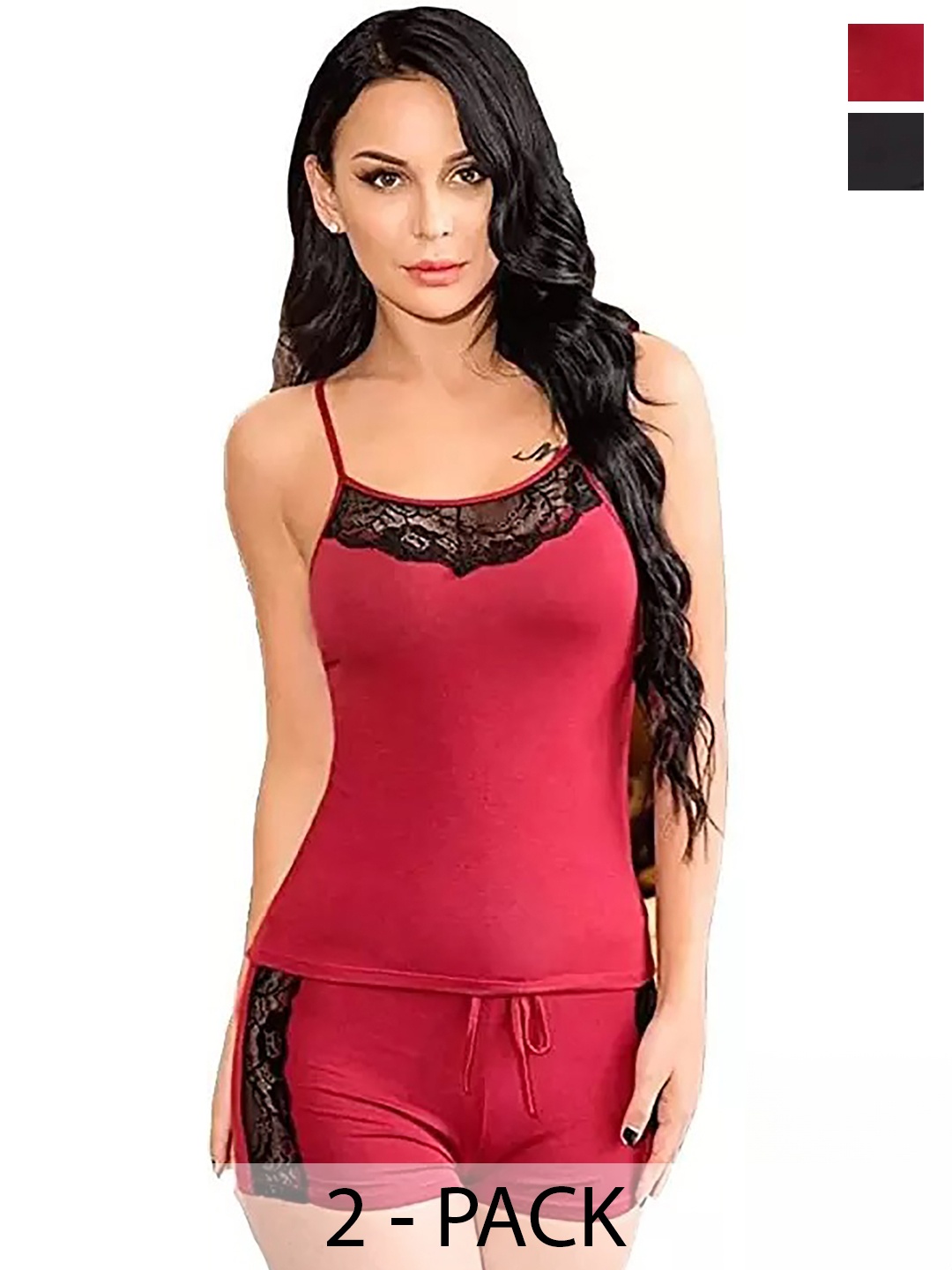 

AROUSY Pack of 2 Lace Detail Lingerie Set, Maroon