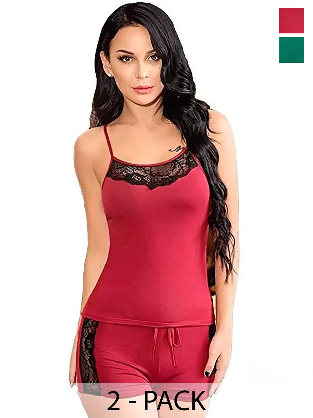 

AROUSY Pack of 2 Lace Detail Lingerie Set, Maroon